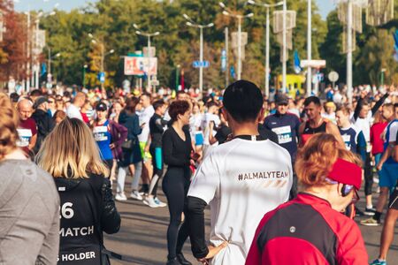 September 15, 2018 Minsk Belarus Half Marathon Minsk 2019 Athletes gather on the road before the raceのeditorial素材