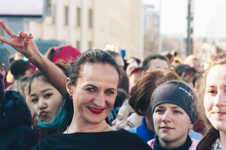 March 8, 2019 Minsk Belarus Women's Day Race on March 8 Cheerful girls stand in the square before the race close-upのeditorial素材