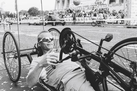 September 9, 2018 Minsk Belarus Half Marathon Minsk 2018 Disabled athlete crosses the finish line on a special deviceのeditorial素材