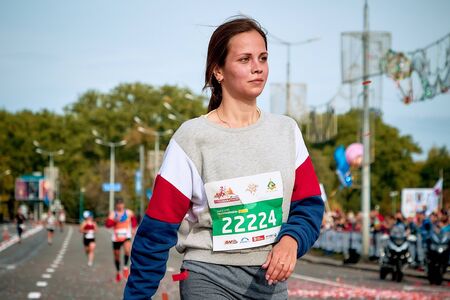 September 15, 2018 Minsk Belarus Half Marathon Minsk 2019 Girl athlete runs a marathon closeup