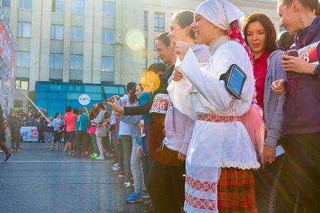 March 8, 2019 Minsk Belarus Women's Day Race on March 8 Young girls athletes stand on the square...