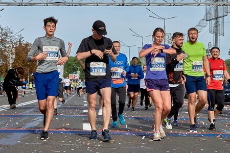 September 15, 2018 Minsk Belarus Half Marathon Minsk 2019 Competitors athletes cross the finish line...