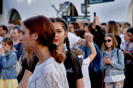 June 1, 2019 Minsk Belarus Teenage girls dancing at a street concert.