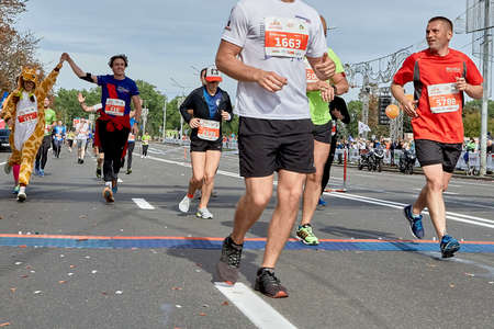 September 15, 2019 Minsk Belarus The participant crosses the finish line of the marathonのeditorial素材