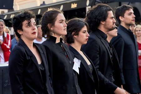 May 25, 2019 Minsk Belarus Young actors show a performance on a city street