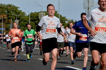 September 15, 2019 Minsk Belarus Competitors athletes during the run of the marathon race in the cityのeditorial素材