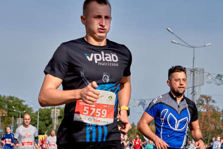 September 15, 2018 Minsk Belarus Half Marathon Minsk 2019 Close-up, competitors run at the finish of the marathonのeditorial素材