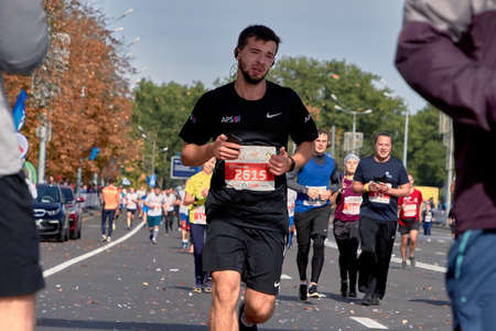 September 15, 2018 Minsk Belarus Half Marathon Minsk 2019 Competitor running marathon crossing the finish lineのeditorial素材