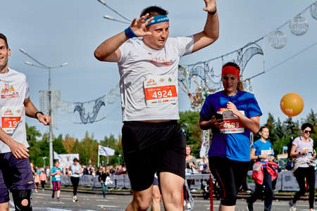September 15, 2019 Minsk Belarus Belarus Emotional athlete celebrates crossing the finish lineのeditorial素材