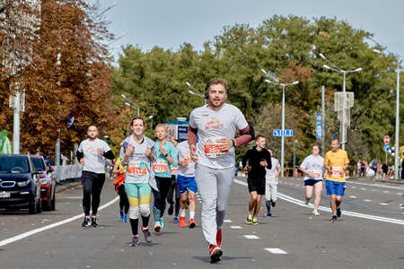 September 15, 2019 Minsk Belarus A marathon race in which athletes run to the finish line on a city roadのeditorial素材