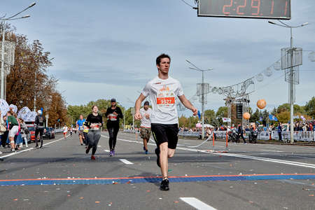 September 15, 2019 Minsk Belarus A marathon race in which an active participant crosses the finish line.のeditorial素材