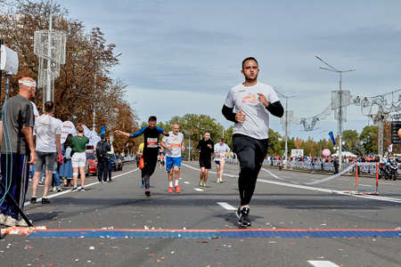September 15, 2019 Minsk Belarus A marathon race in which an active athlete crosses the finish lineのeditorial素材