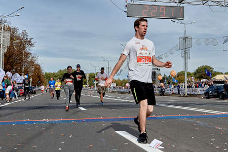 September 15, 2019 Minsk Belarus A marathon race in which an active participant crossed the finish line on a city roadのeditorial素材