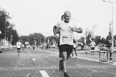 September 9, 2018 Minsk Belarus Half Marathon Minsk 2018. In black and white, two fast participants...