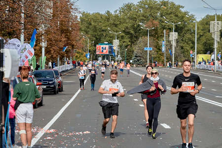 September 15, 2019 Minsk Belarus A marathon race in which athletes run to the finish line on a city roadのeditorial素材