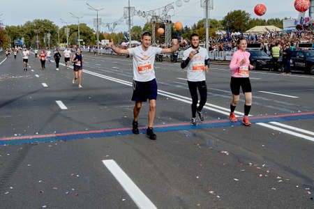 September 15, 2019 Minsk Belarus A marathon race in which three lucky athletes cross the finish lineのeditorial素材