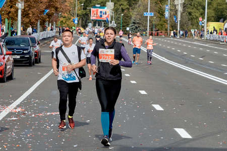 September 15, 2019 Minsk Belarus A marathon race in which competitors run to the finish line on a city roadのeditorial素材