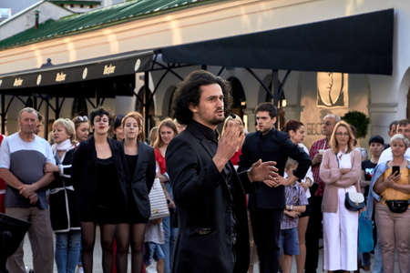 May 25, 2019 Minsk Belarus Actor shows performance in front of an audience in the streetのeditorial素材