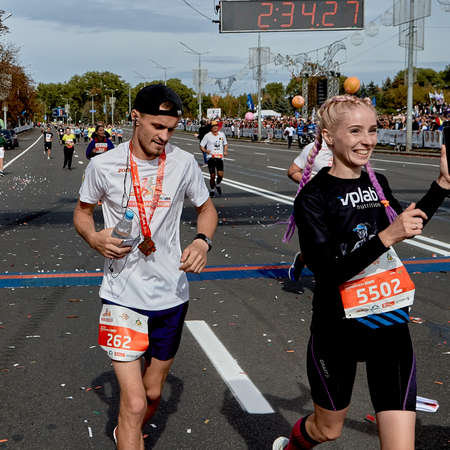 September 15, 2019 Minsk Belarus A half-marathon race in which two lucky winners crossed the finish lineのeditorial素材