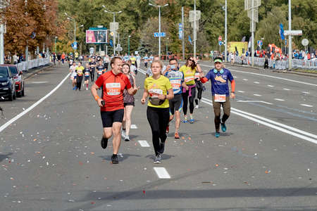 September 15, 2019 Minsk Belarus Marathon participants run on a city roadのeditorial素材