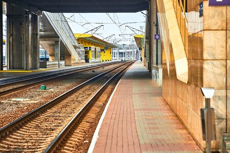 Railway station in the city, railway tracks with apron and entrance to the underpassの写真素材