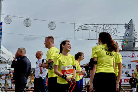 September 15, 2019 Minsk Belarus Athletes participating in the race are very happy to show all their...