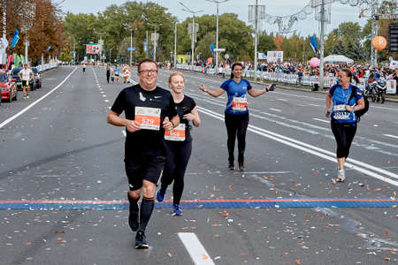 September 15, 2019 Minsk Belarus A marathon race in which lucky participants cross the finish lineのeditorial素材