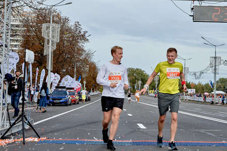 September 15, 2019 Minsk Belarus Minsk hosts a half marathon where two lucky participants cross the finish lineのeditorial素材