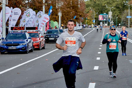 September 15, 2019 Minsk Belarus The athlete runs to the finish of the marathonのeditorial素材