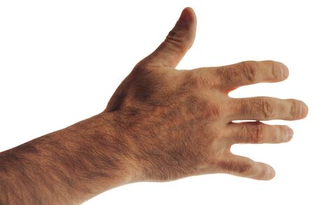 Male hand pulls a hand to say hello. Isolated of white backgroundの写真素材
