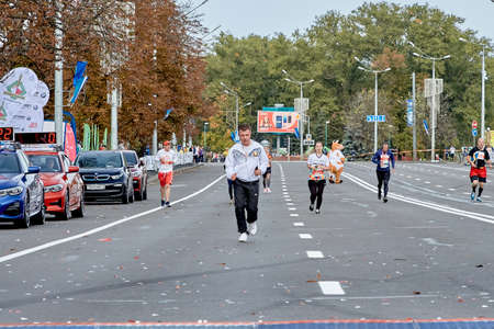 September 15, 2019 Minsk Belarus A marathon race in which marathon participants run along a city roadのeditorial素材