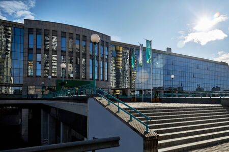 Banking, business, financial center on a blue sky backgroundの写真素材