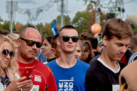 September 15, 2019 Minsk Belarus There is a crowd of spectators who stand during the marathonのeditorial素材