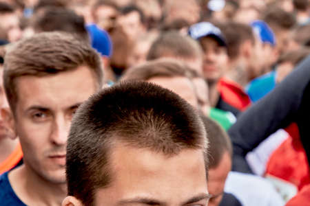 September 15, 2019 Minsk Belarus There is a close-up of many athletes standing before the start of the half marathonのeditorial素材