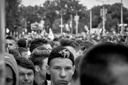 September 15, 2019 Minsk Belarus Close-up of an adult athlete with gray hair at the temples is among the participants of the marathon Black and white imageのeditorial素材
