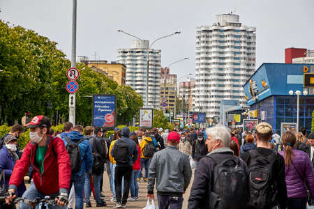 May 24 2020 Minsk Belarus There are masked people walking down the street in protest against the current governmentのeditorial素材