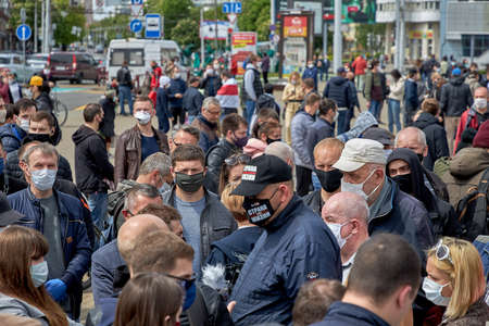 May 24 2020 Minsk Belarus A demonstration against the current government in which many masked people protest in the streets against the current governmentのeditorial素材