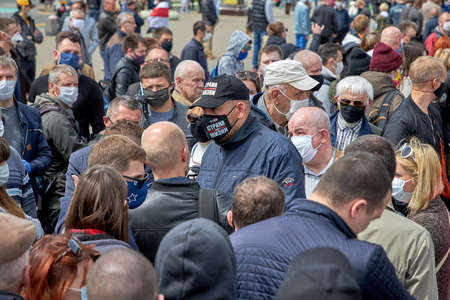 May 24 2020 Minsk Belarus There is one opposition leader who communicates with masked people during a protest and a pandemicのeditorial素材