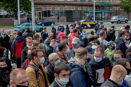 May 24 2020 Minsk Belarus Demonstration against the current government, during which many masked people came out to sign for opposition candidatesのeditorial素材