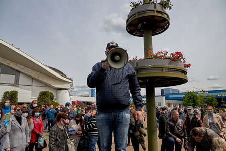 May 24 2020 Minsk Belarus Close-up of the opposition leader Tikhonovsky, who agitates the gathered people through a loudspeakerのeditorial素材