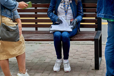 June 7 2020 Minsk Belarus A woman accepts signatures from people for an opposition candidate for the post of President of the Republic of Belarusのeditorial素材