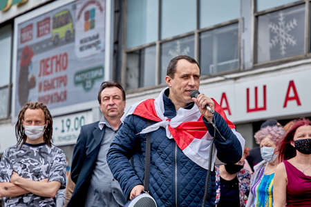 June 7 2020 Minsk Belarus Opposition leader Severinets speaks in a microphone among the peopleのeditorial素材