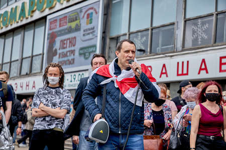 June 7 2020 Minsk Belarus Opposition leader Severinets speaks in a microphone at a rally among the peopleのeditorial素材