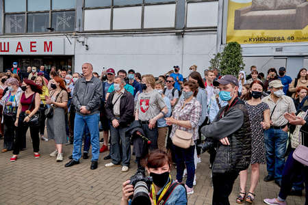 June 7 2020 Minsk Belarus A rally where masked people stand in protestのeditorial素材