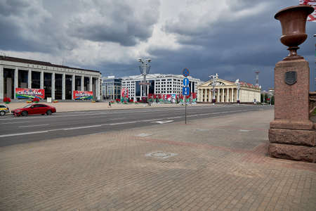 June 7 2020 Minsk Belarus Freedom square in Minsk with heavy clouds in the sky before the rainのeditorial素材