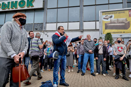 June 7 2020 Minsk Belarus The leader of the opposition, with microphone, speaks at a protest in Minskのeditorial素材