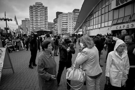 June 14 2020 Minsk Belarus An opposition blogger who broadcasts live interviews of mature women talking about political topicsのeditorial素材