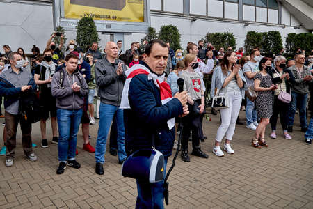 June 7 2020 Minsk Belarus Opposition leader Severinets speaks in a microphone among the peopleのeditorial素材
