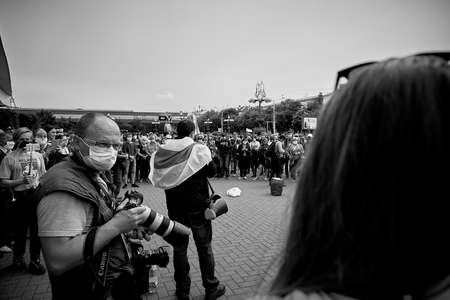 June 7 2020 Minsk Belarusian people walk down the streetのeditorial素材