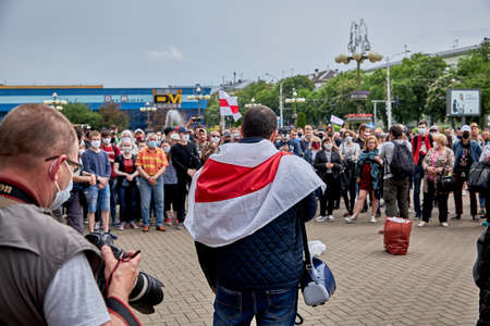 June 7 2020 Minsk Belarusian people walk down the streetのeditorial素材